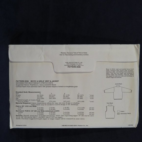 KWIK-Sew Child's VEST & Jacket Sizes 4-7 Partially CUT (#943) - Picture 2 of 2